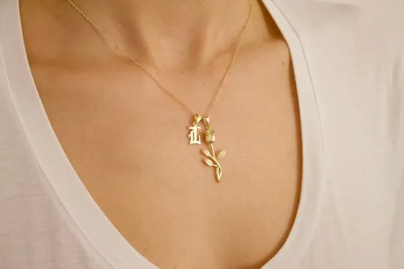 Rose & Old English Initial Necklace