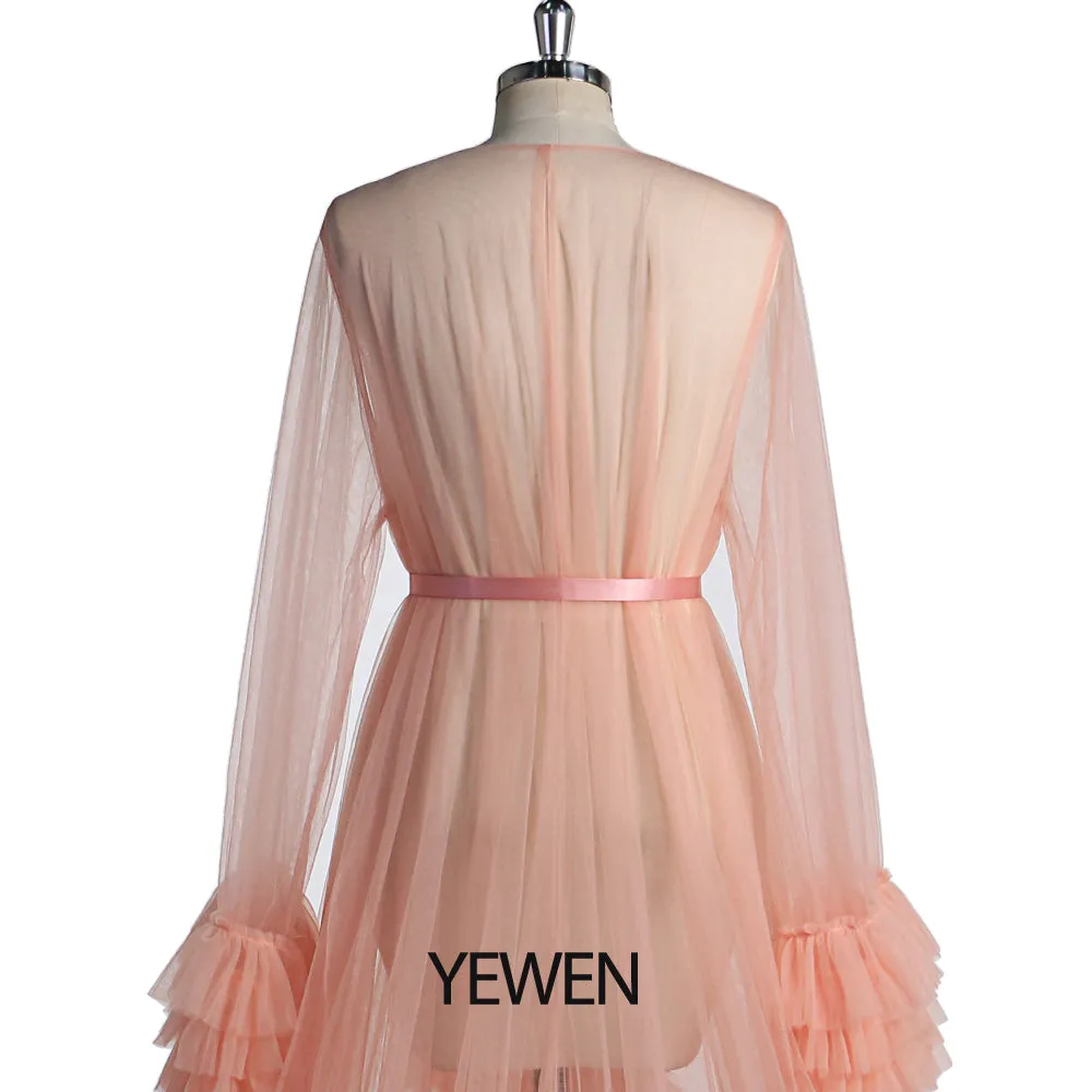 Salmon Tulle Evening Dress Long Sleeves Maternity Dress Photo Shoot Photo Props Photography Gown YW231059