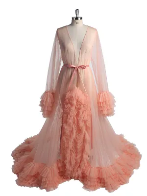 Salmon Tulle Evening Dress Long Sleeves Maternity Dress Photo Shoot Photo Props Photography Gown YW231059