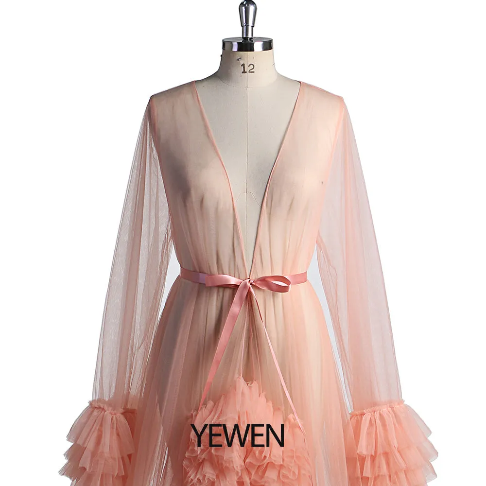 Salmon Tulle Evening Dress Long Sleeves Maternity Dress Photo Shoot Photo Props Photography Gown YW231059