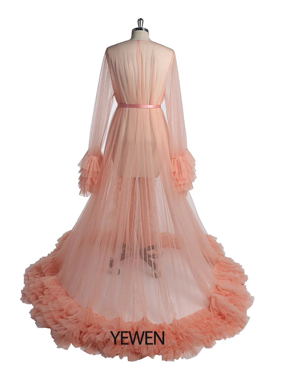 Salmon Tulle Evening Dress Long Sleeves Maternity Dress Photo Shoot Photo Props Photography Gown YW231059