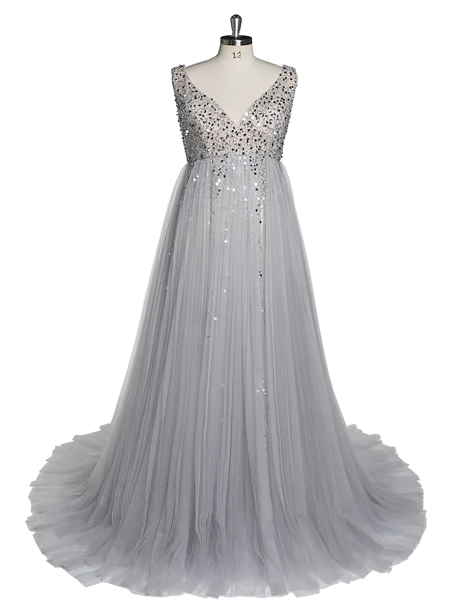 Silver Beading Tulle Evening Gown Maternity Dress for Photoshoot Lace Up Back Pregnancy Photography Robe Baby Shower Dress