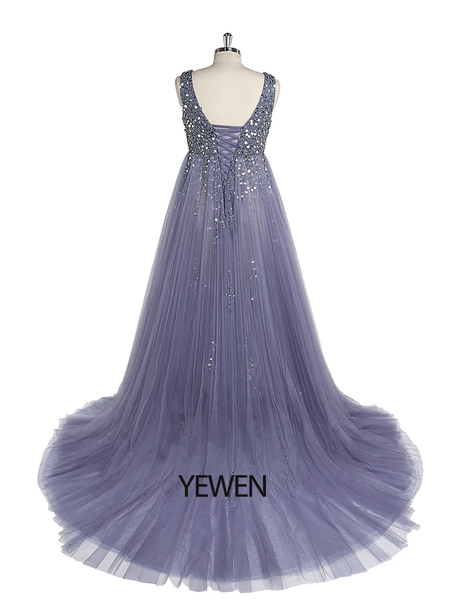 Silver Beading Tulle Evening Gown Maternity Dress for Photoshoot Lace Up Back Pregnancy Photography Robe Baby Shower Dress