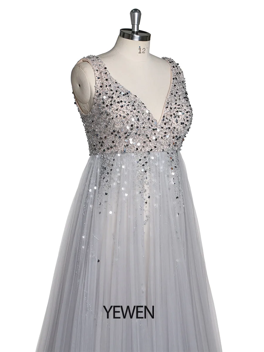 Silver Beading Tulle Evening Gown Maternity Dress for Photoshoot Lace Up Back Pregnancy Photography Robe Baby Shower Dress