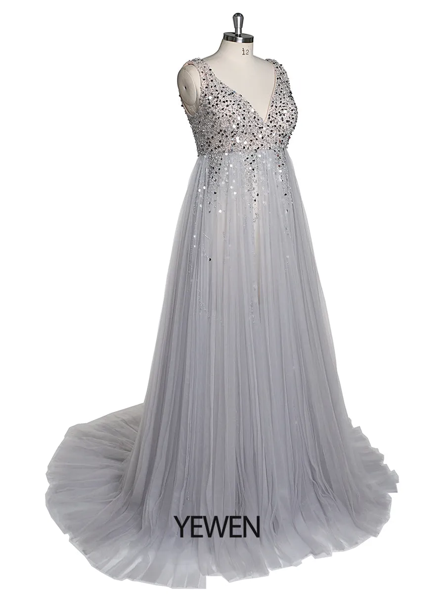Silver Beading Tulle Evening Gown Maternity Dress for Photoshoot Lace Up Back Pregnancy Photography Robe Baby Shower Dress