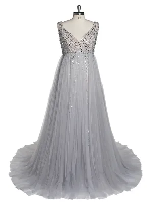 Silver Beading Tulle Evening Gown Maternity Dress for Photoshoot Lace Up Back Pregnancy Photography Robe Baby Shower Dress