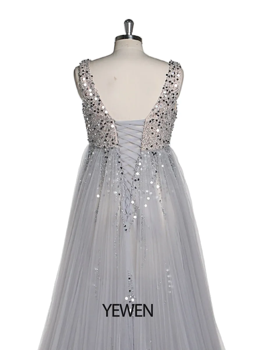 Silver Beading Tulle Evening Gown Maternity Dress for Photoshoot Lace Up Back Pregnancy Photography Robe Baby Shower Dress