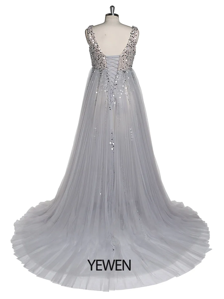 Silver Beading Tulle Evening Gown Maternity Dress for Photoshoot Lace Up Back Pregnancy Photography Robe Baby Shower Dress