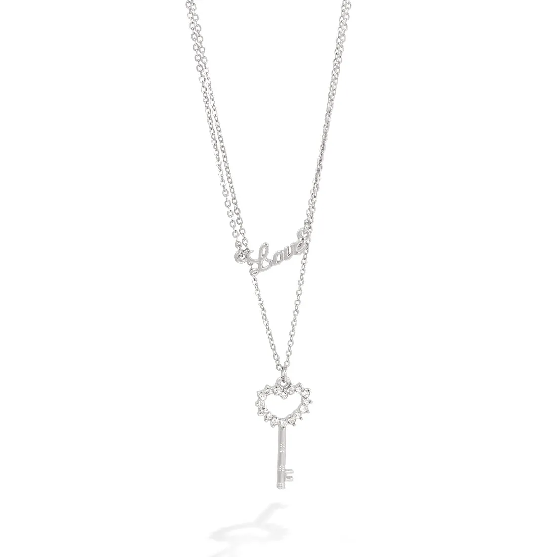 SILVER DOUBLE ROWS WITH KEY AND LOVE PENDANT NECKLACE  #HNN82237RH (TE6)