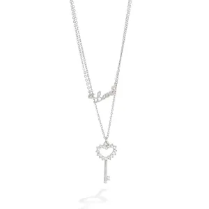 SILVER DOUBLE ROWS WITH KEY AND LOVE PENDANT NECKLACE  #HNN82237RH (TE6)