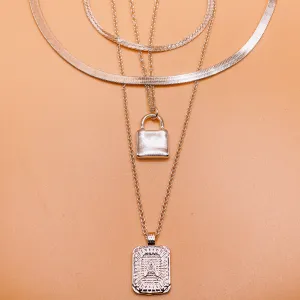 Silver Initial Letter and Lock Multi Layer Necklace in Silver Setting