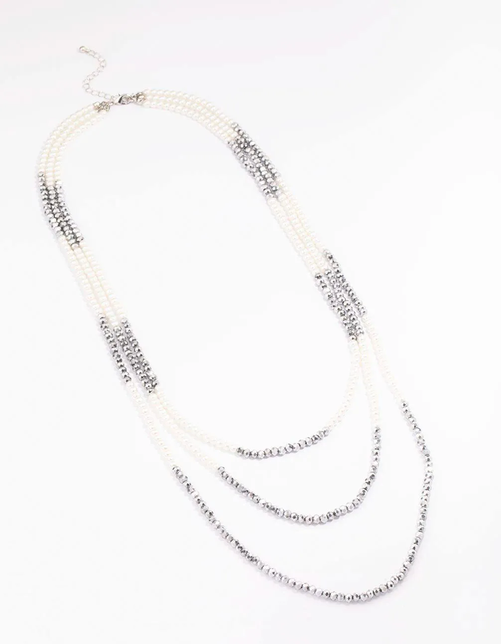 Silver Pearl Facet Layered Necklace