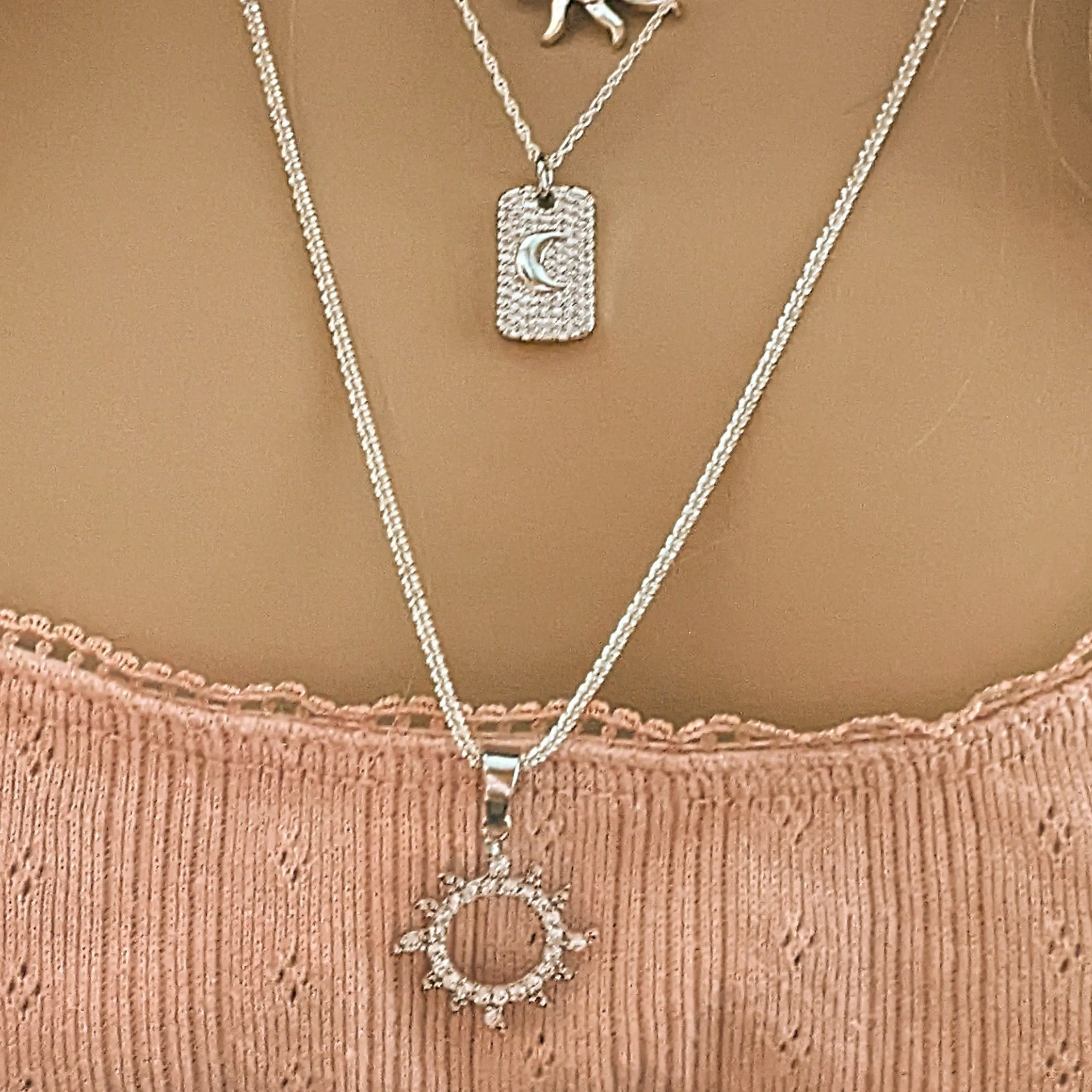 Silver Sunburst Layered Necklace Set