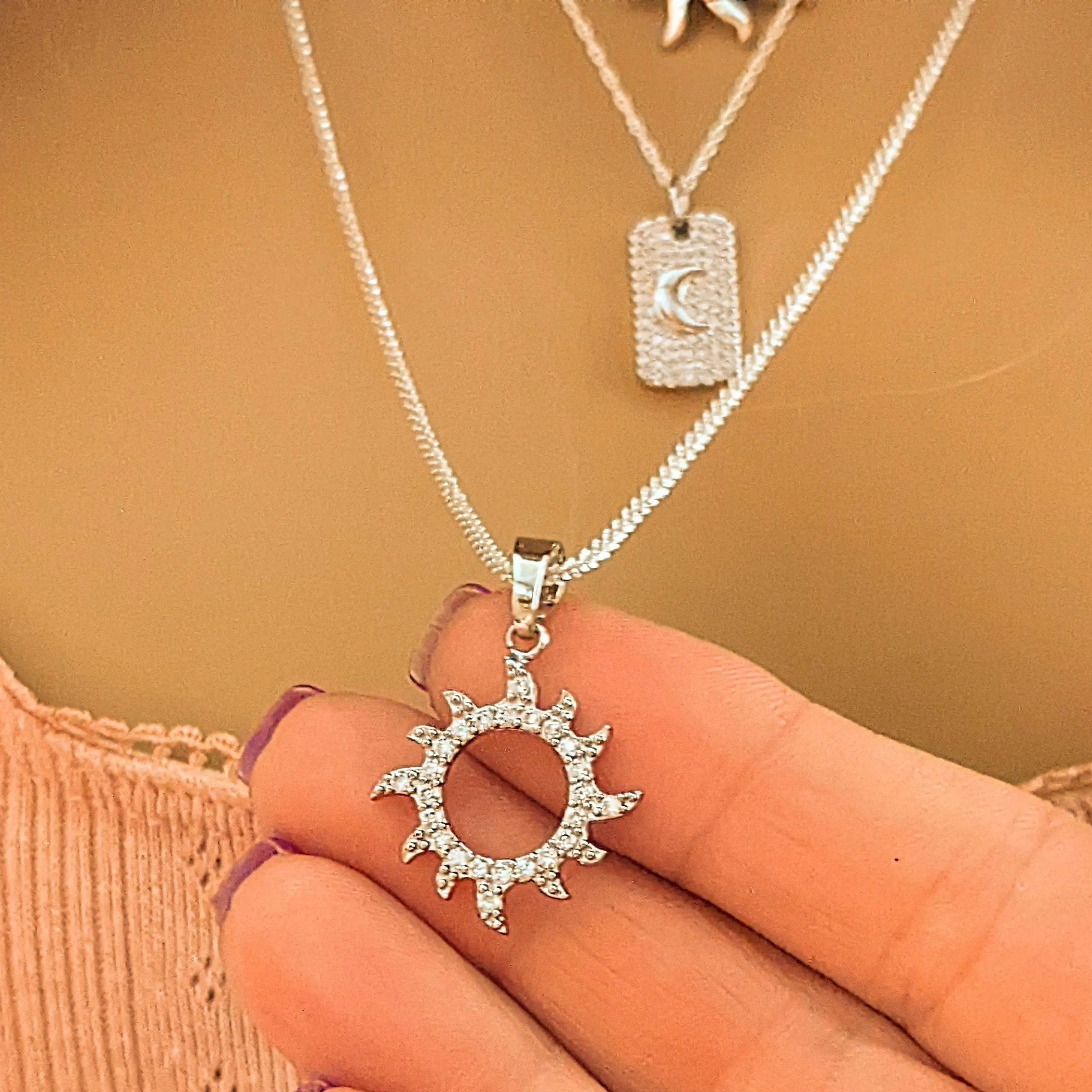 Silver Sunburst Layered Necklace Set