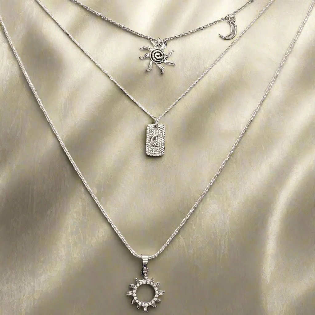 Silver Sunburst Layered Necklace Set