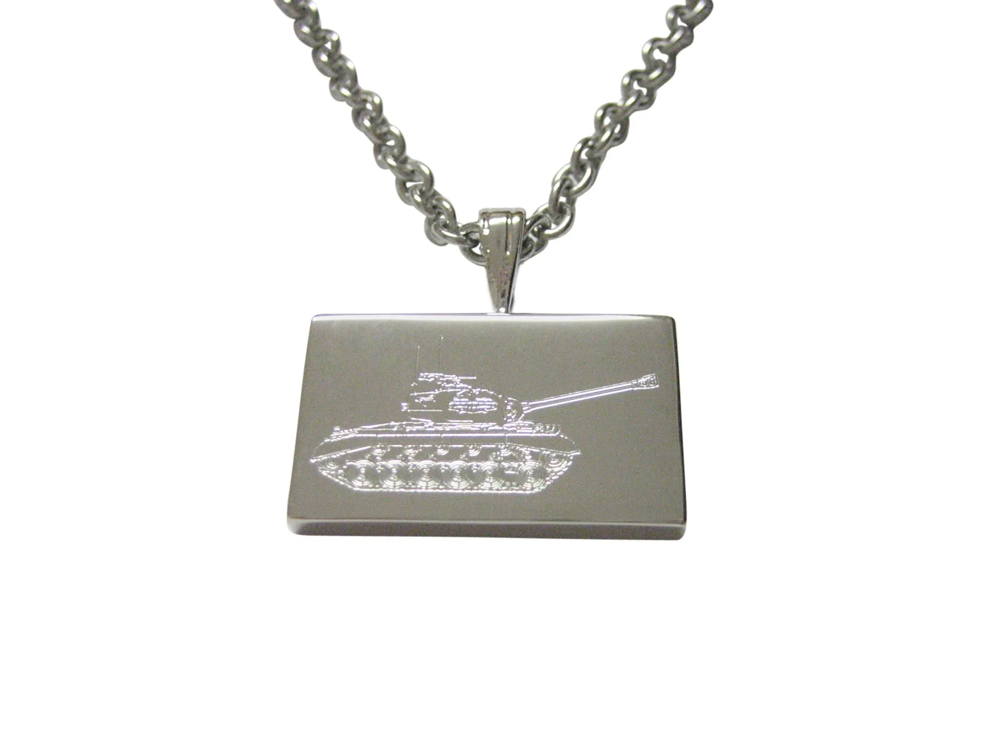 Silver Toned Etched Simple Tank Pendant Necklace