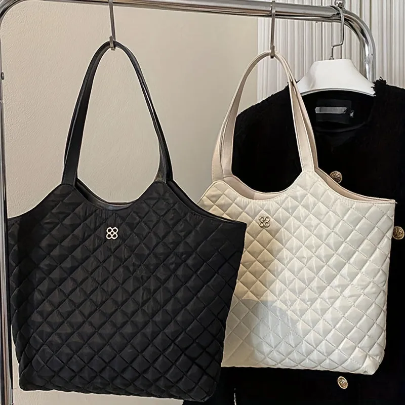 Simple Argyle Quilted Tote Bag, Large Capacity Shoulder Bag, Casual Handbags For Commuter & School