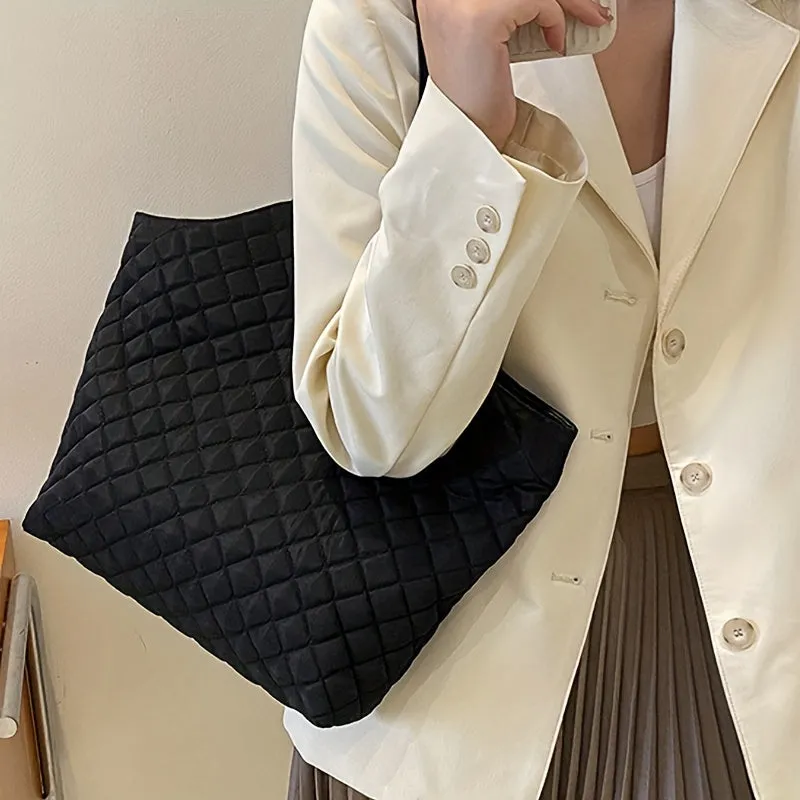 Simple Argyle Quilted Tote Bag, Large Capacity Shoulder Bag, Casual Handbags For Commuter & School