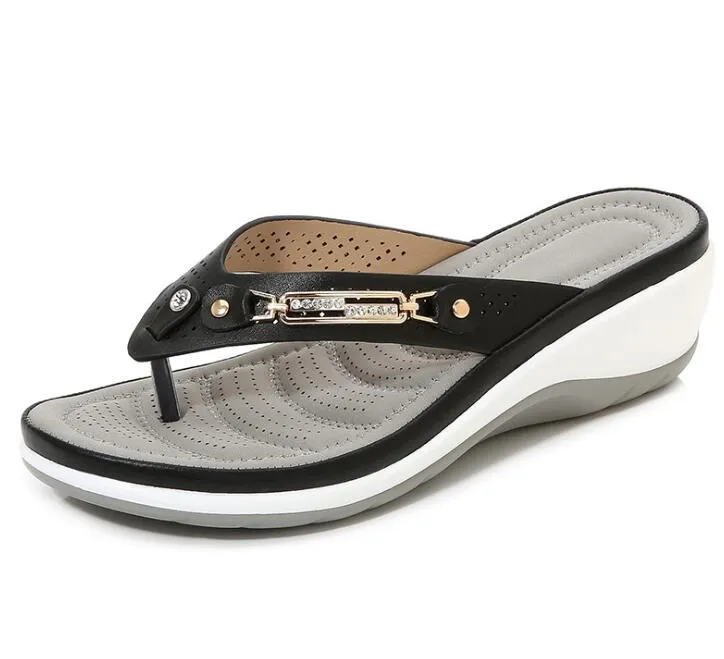 Slippers Summer Flip Flops Platform Shoes For Wedge Comfort Metal Button Slides Casual Ladies Beach Footwear