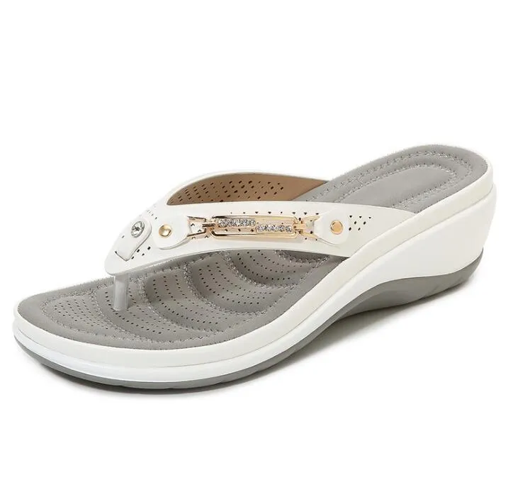 Slippers Summer Flip Flops Platform Shoes For Wedge Comfort Metal Button Slides Casual Ladies Beach Footwear