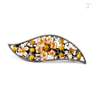 Small Vintage Metal Barrette with Gold Flowers and Crystals