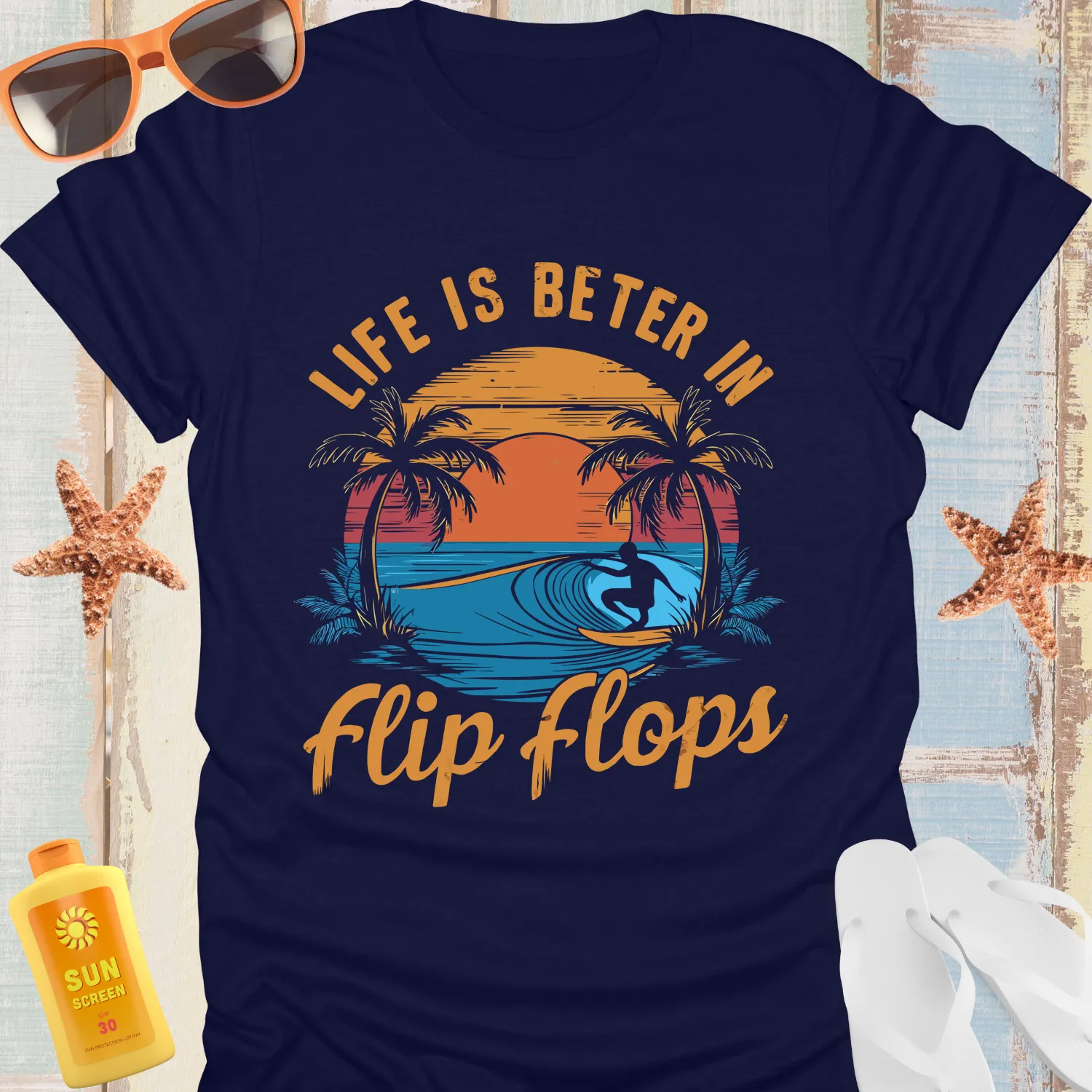 Surfer Sunset Tee With Flip Flops Beach Vibes