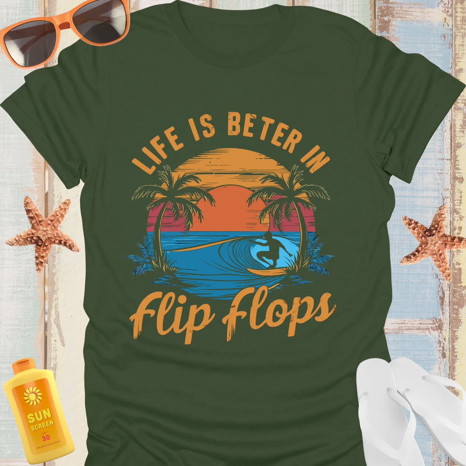 Surfer Sunset Tee With Flip Flops Beach Vibes