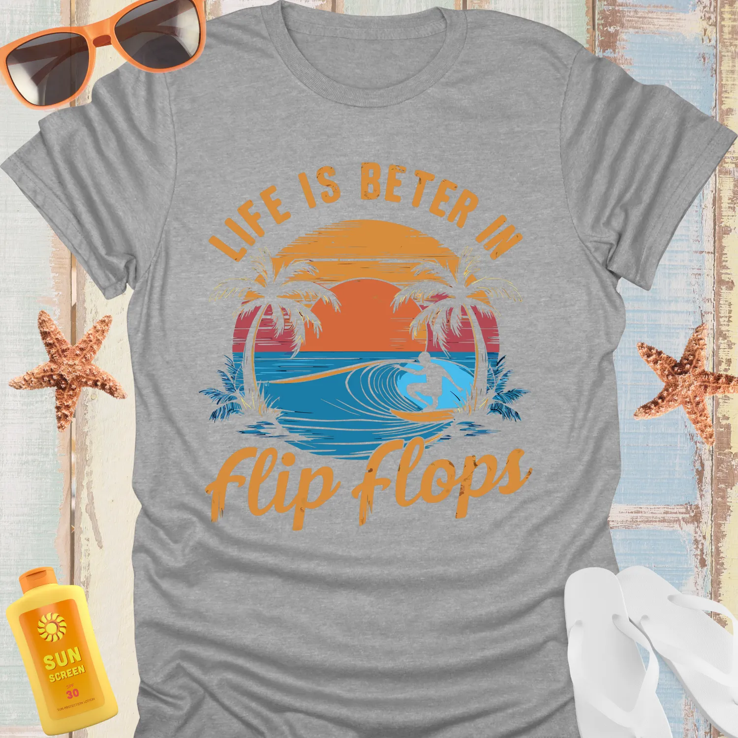 Surfer Sunset Tee With Flip Flops Beach Vibes