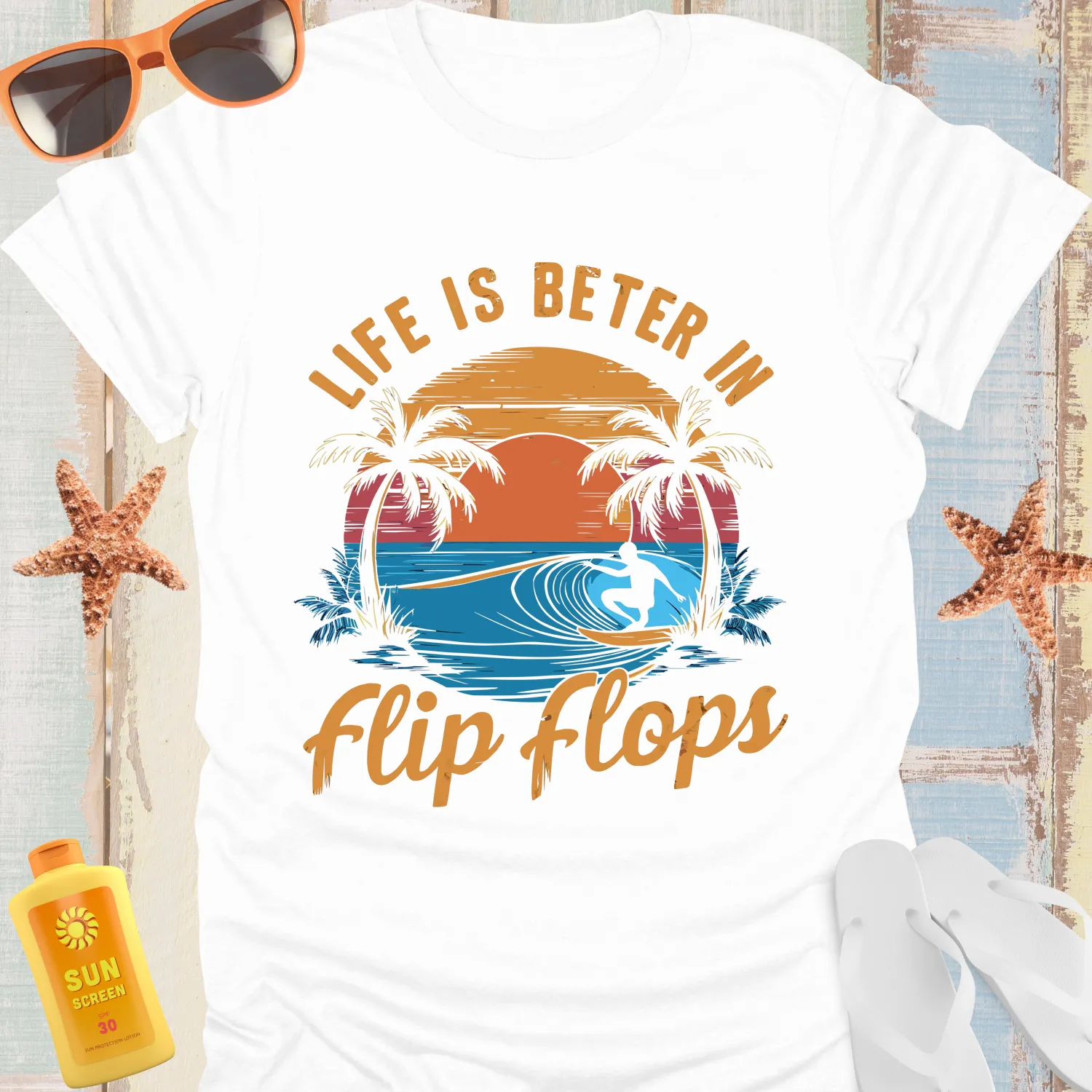 Surfer Sunset Tee With Flip Flops Beach Vibes