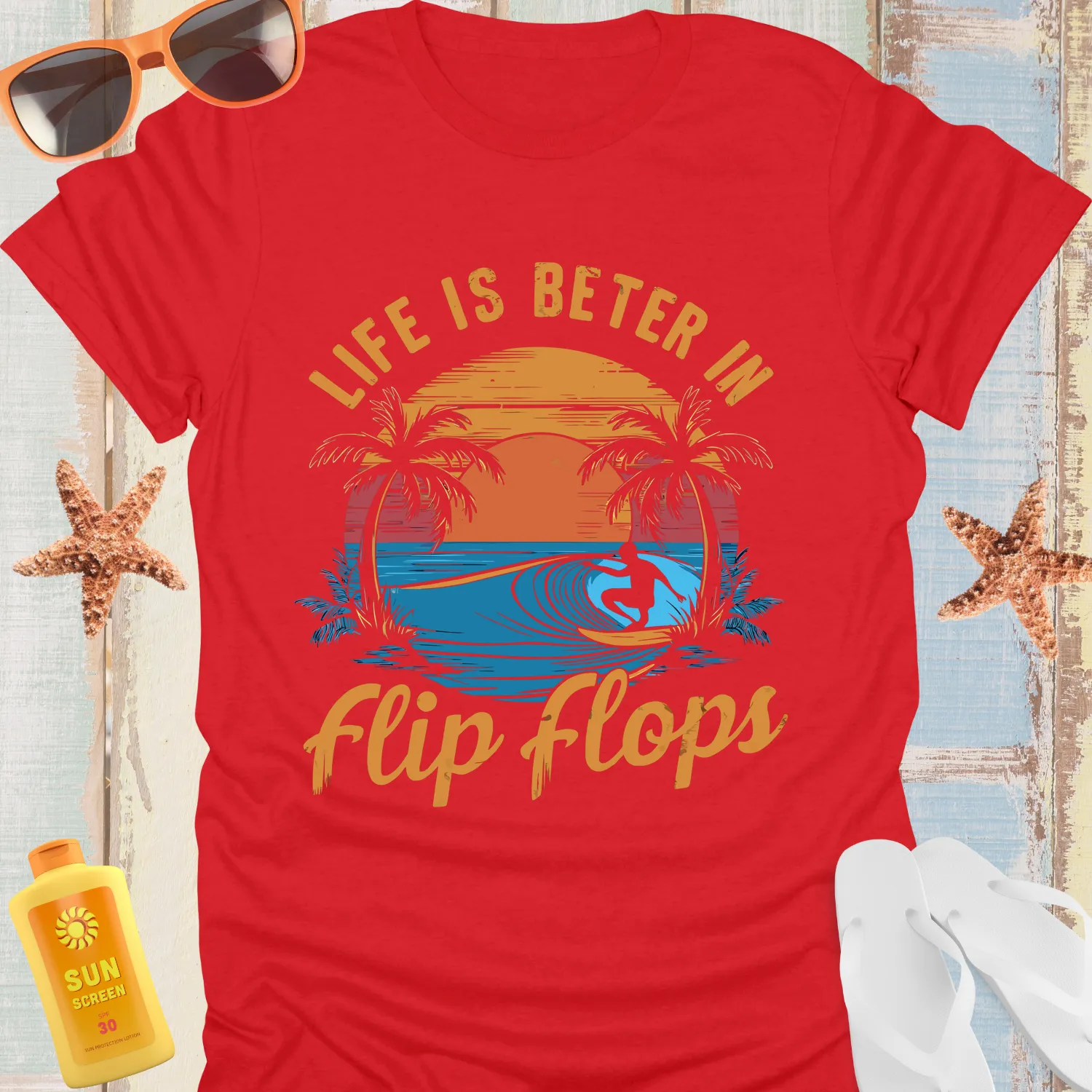 Surfer Sunset Tee With Flip Flops Beach Vibes