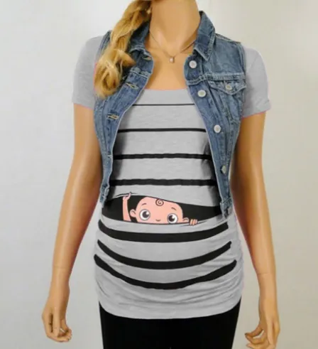Sweet Cartoon Striped Pregnancy Summer T-shirt Tops