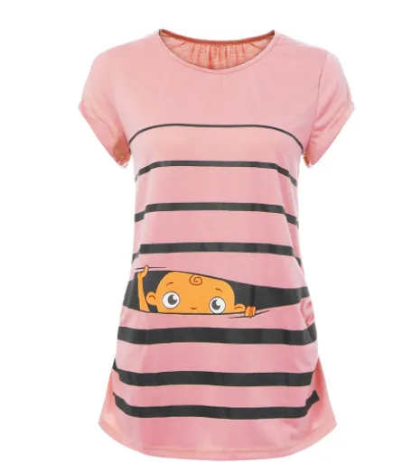 Sweet Cartoon Striped Pregnancy Summer T-shirt Tops