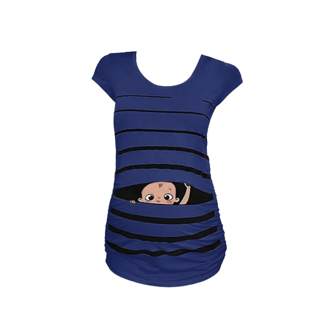 Sweet Cartoon Striped Pregnancy Summer T-shirt Tops