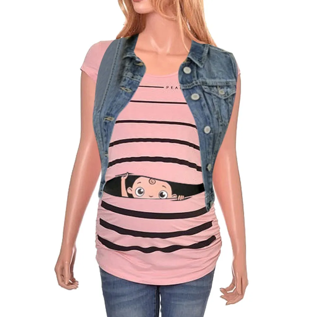 Sweet Cartoon Striped Pregnancy Summer T-shirt Tops