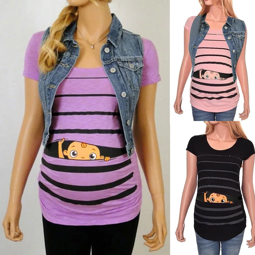 Sweet Cartoon Striped Pregnancy Summer T-shirt Tops