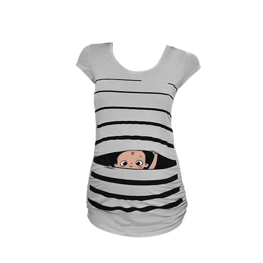 Sweet Cartoon Striped Pregnancy Summer T-shirt Tops