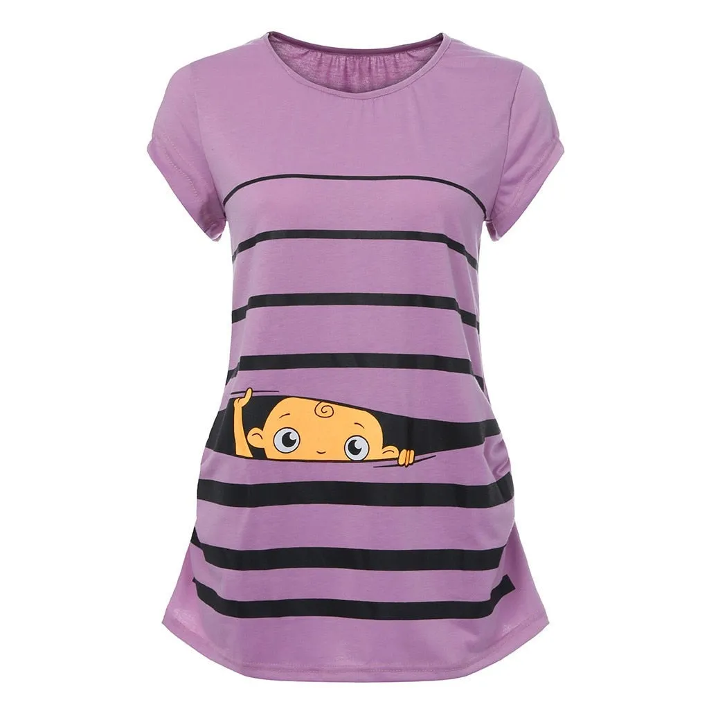 Sweet Cartoon Striped Pregnancy Summer T-shirt Tops