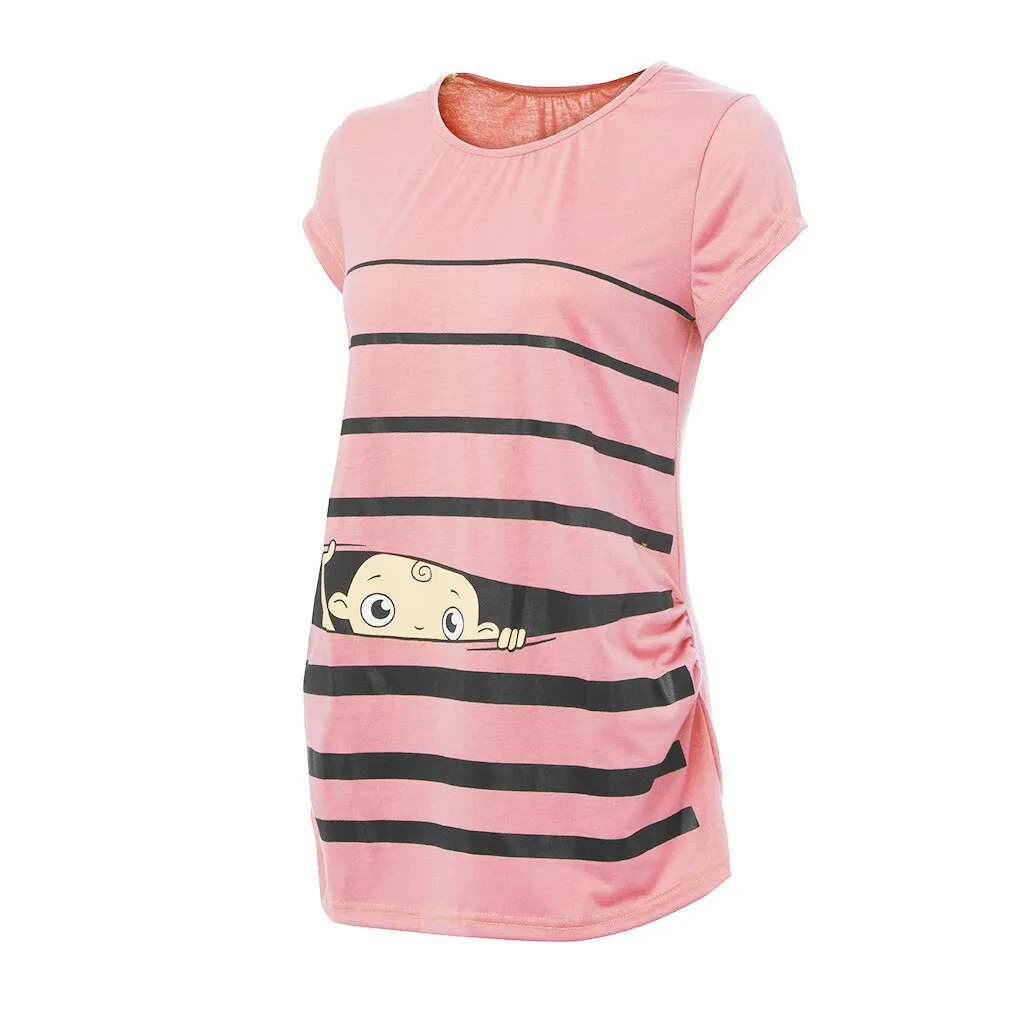 Sweet Cartoon Striped Pregnancy Summer T-shirt Tops