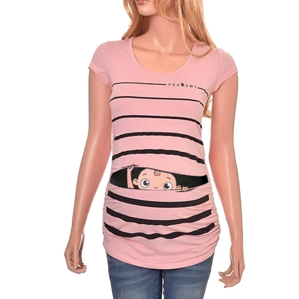 Sweet Cartoon Striped Pregnancy Summer T-shirt Tops