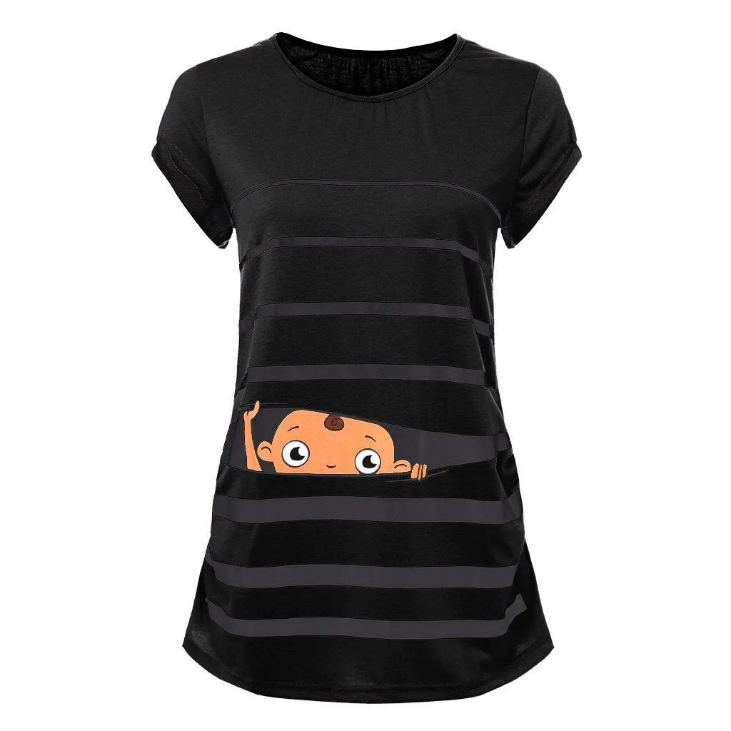 Sweet Cartoon Striped Pregnancy Summer T-shirt Tops