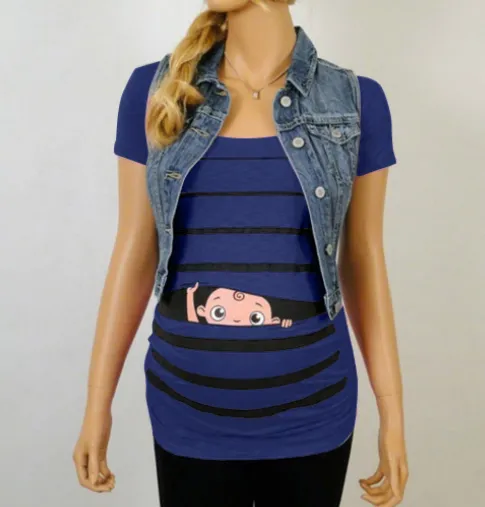 Sweet Cartoon Striped Pregnancy Summer T-shirt Tops