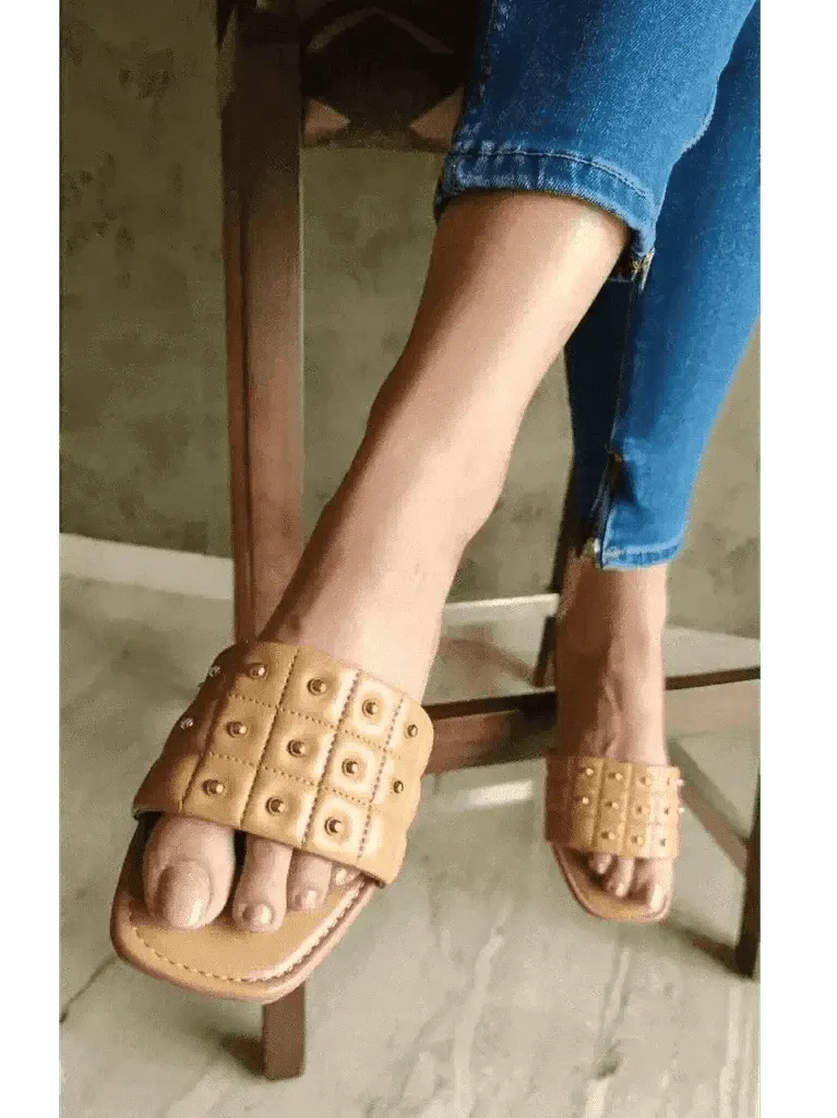 Tan Opulence Buttoned Slides