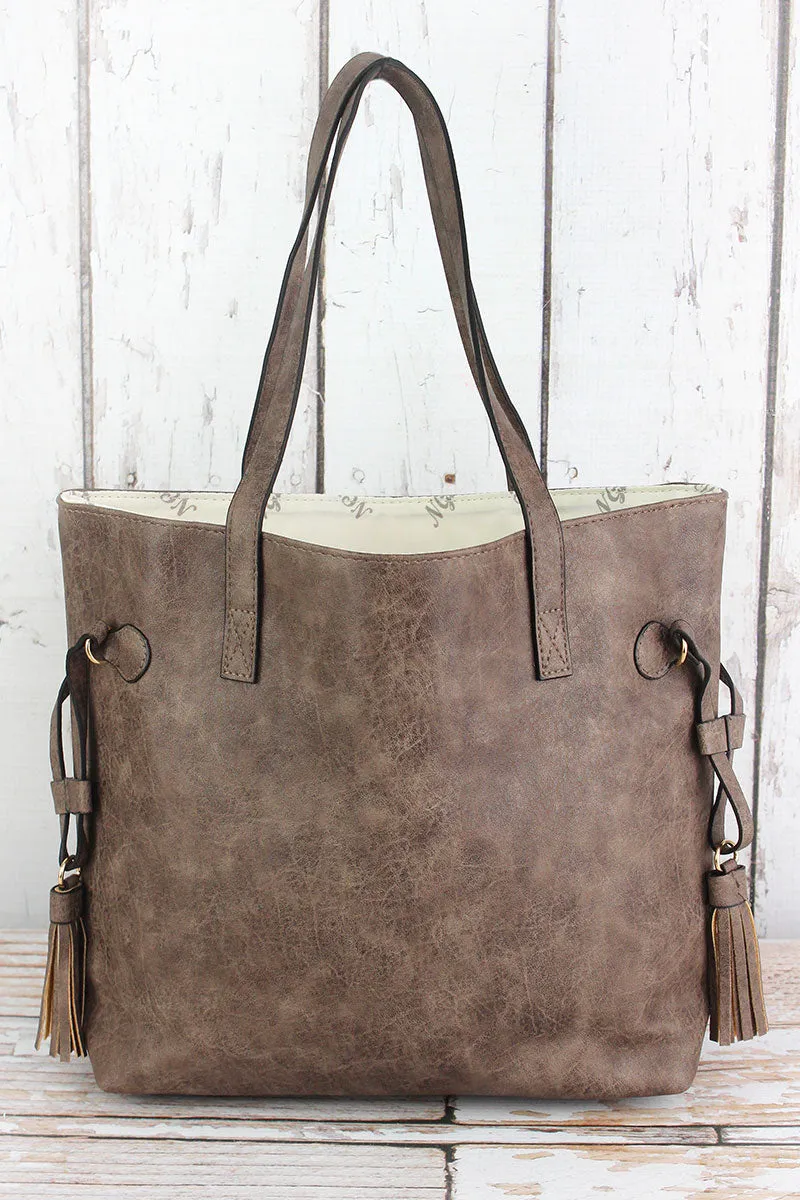 Taupe Faux Leather Side Tassel Tote