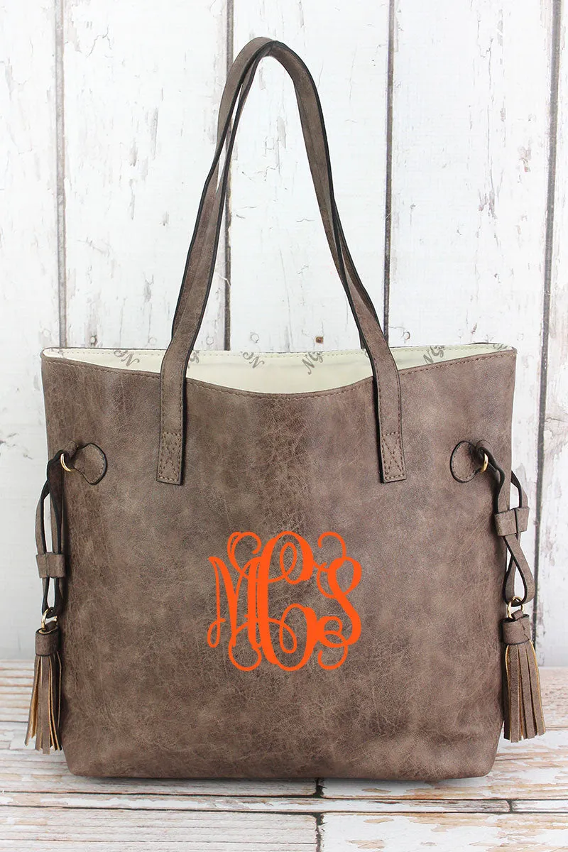 Taupe Faux Leather Side Tassel Tote