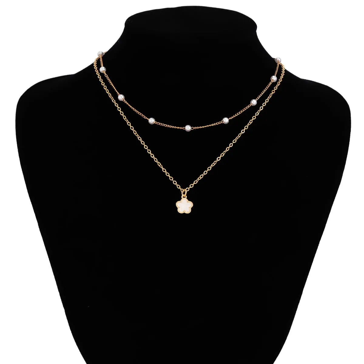 Trendy Layered Enamel Five-Pedal Flower Pendant Chain Necklace Set