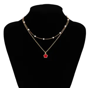 Trendy Layered Enamel Five-Pedal Flower Pendant Chain Necklace Set
