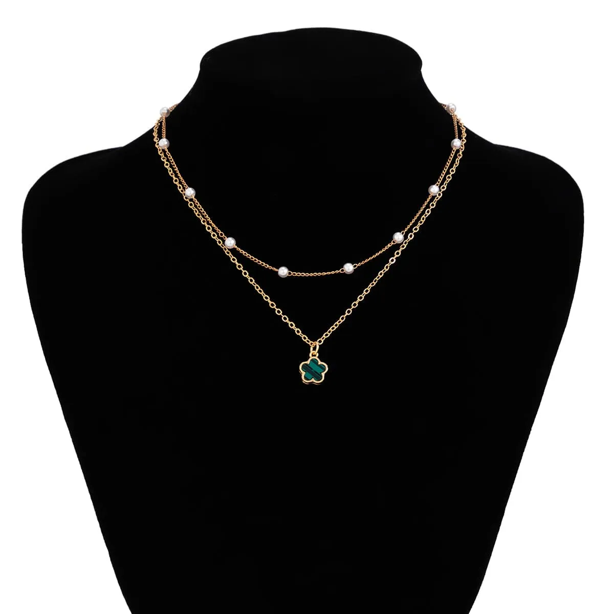 Trendy Layered Enamel Five-Pedal Flower Pendant Chain Necklace Set