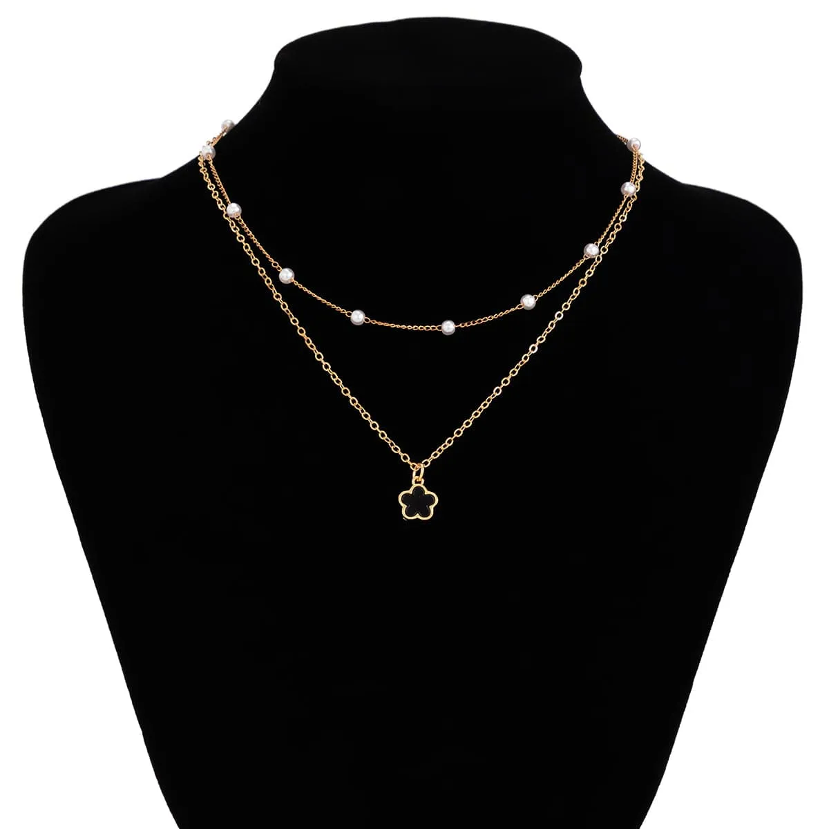 Trendy Layered Enamel Five-Pedal Flower Pendant Chain Necklace Set