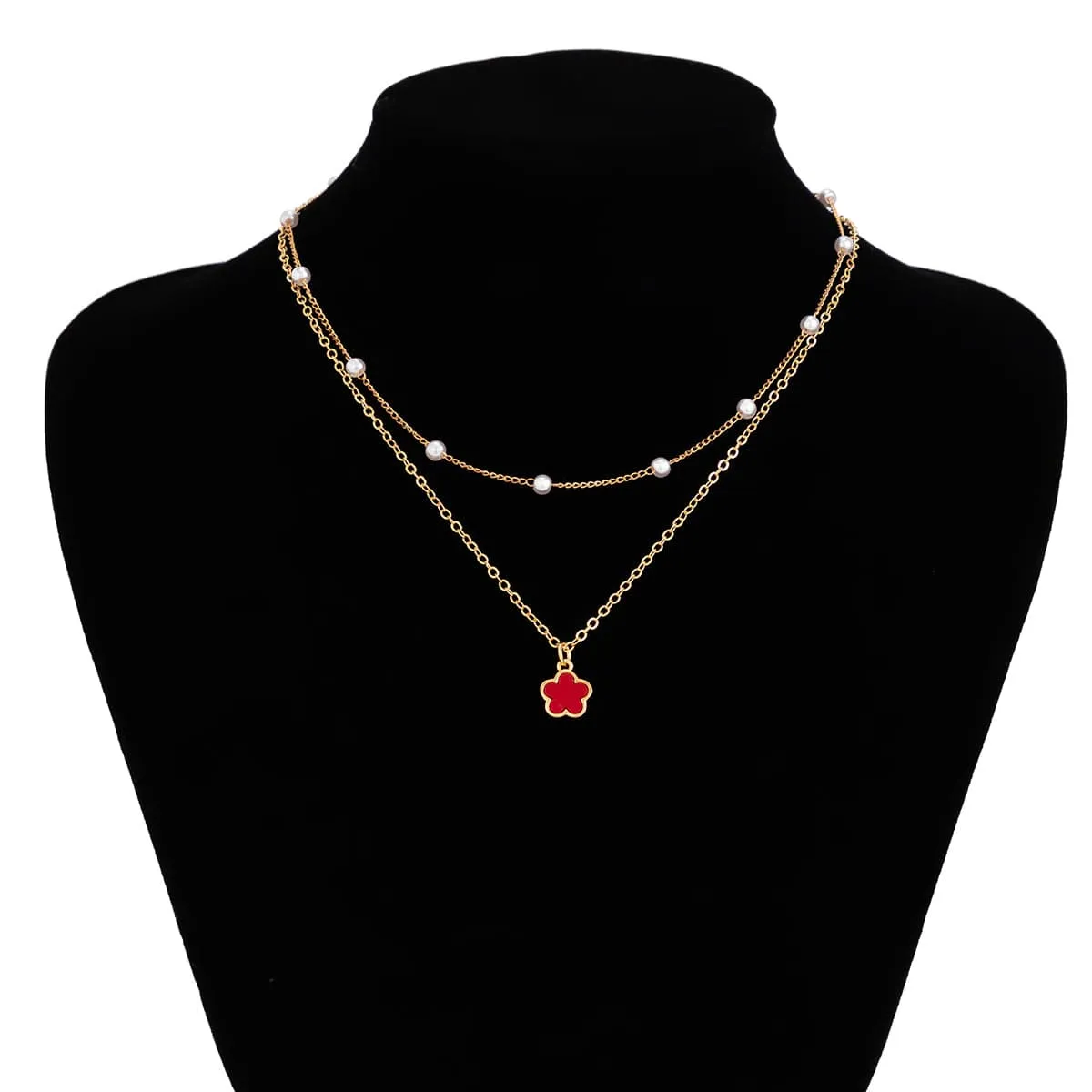 Trendy Layered Enamel Five-Pedal Flower Pendant Chain Necklace Set
