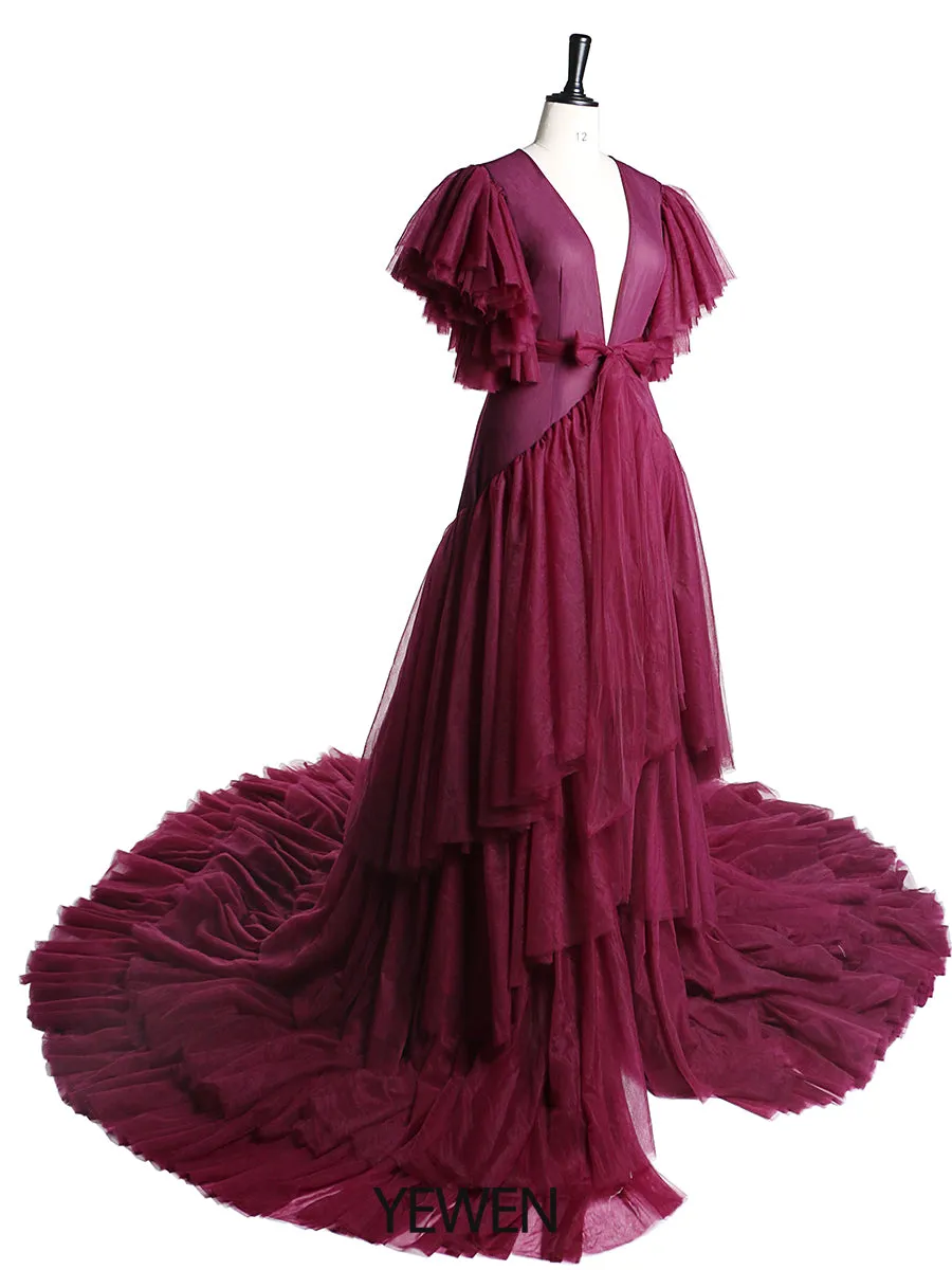 Tulle Royal Blue V Neck Short Sleeves Maternity Gown for Photo Shoot